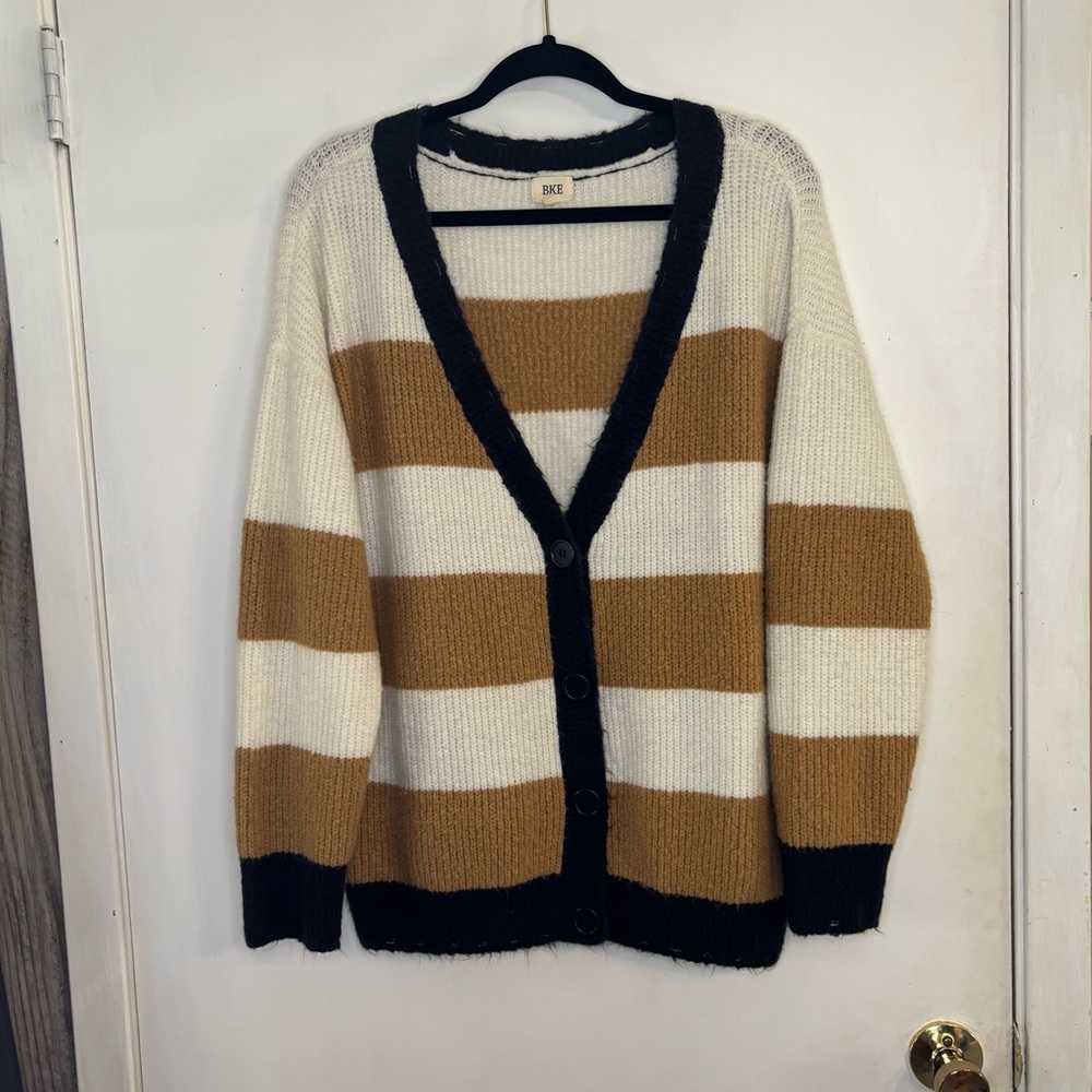 BKE Size Large Women's Striped Cardigan Sweater - Black, White, and Tan